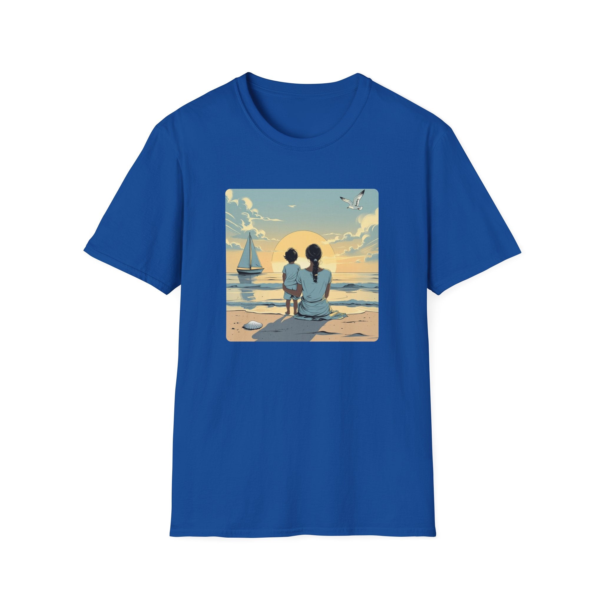 Mother And Child Watch A Yacht At Sunrise