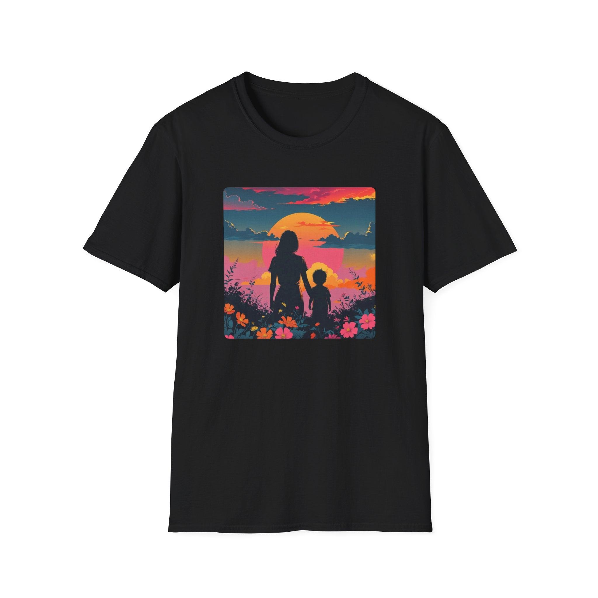 Mum And Child Among The Flowers Watch A Sunset