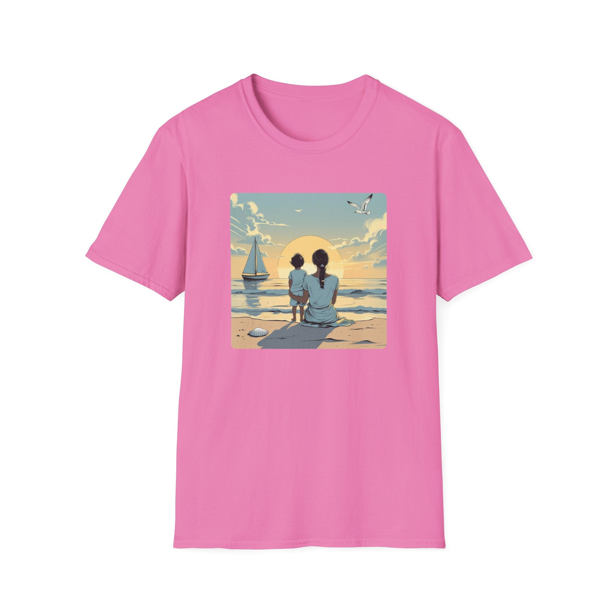 Mother And Child Watch A Yacht At Sunrise