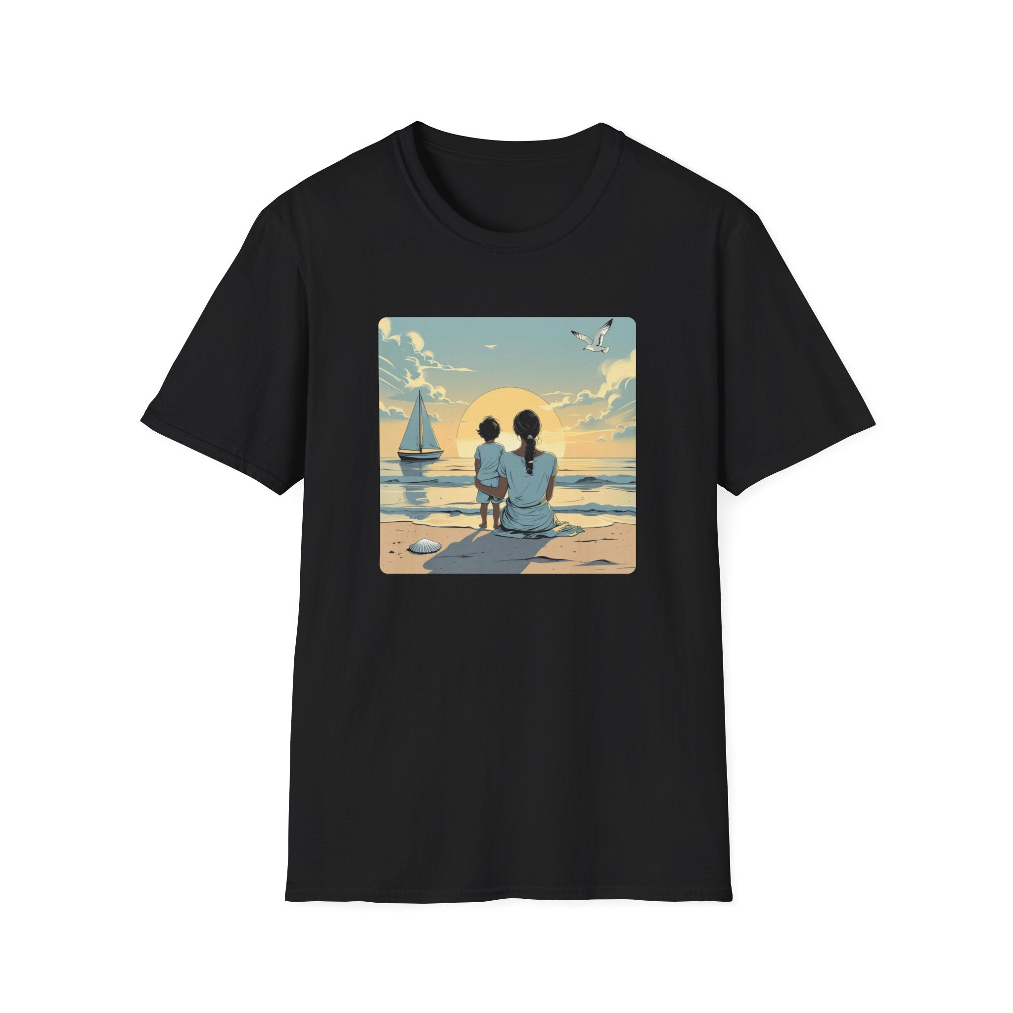 Mother And Child Watch A Yacht At Sunrise