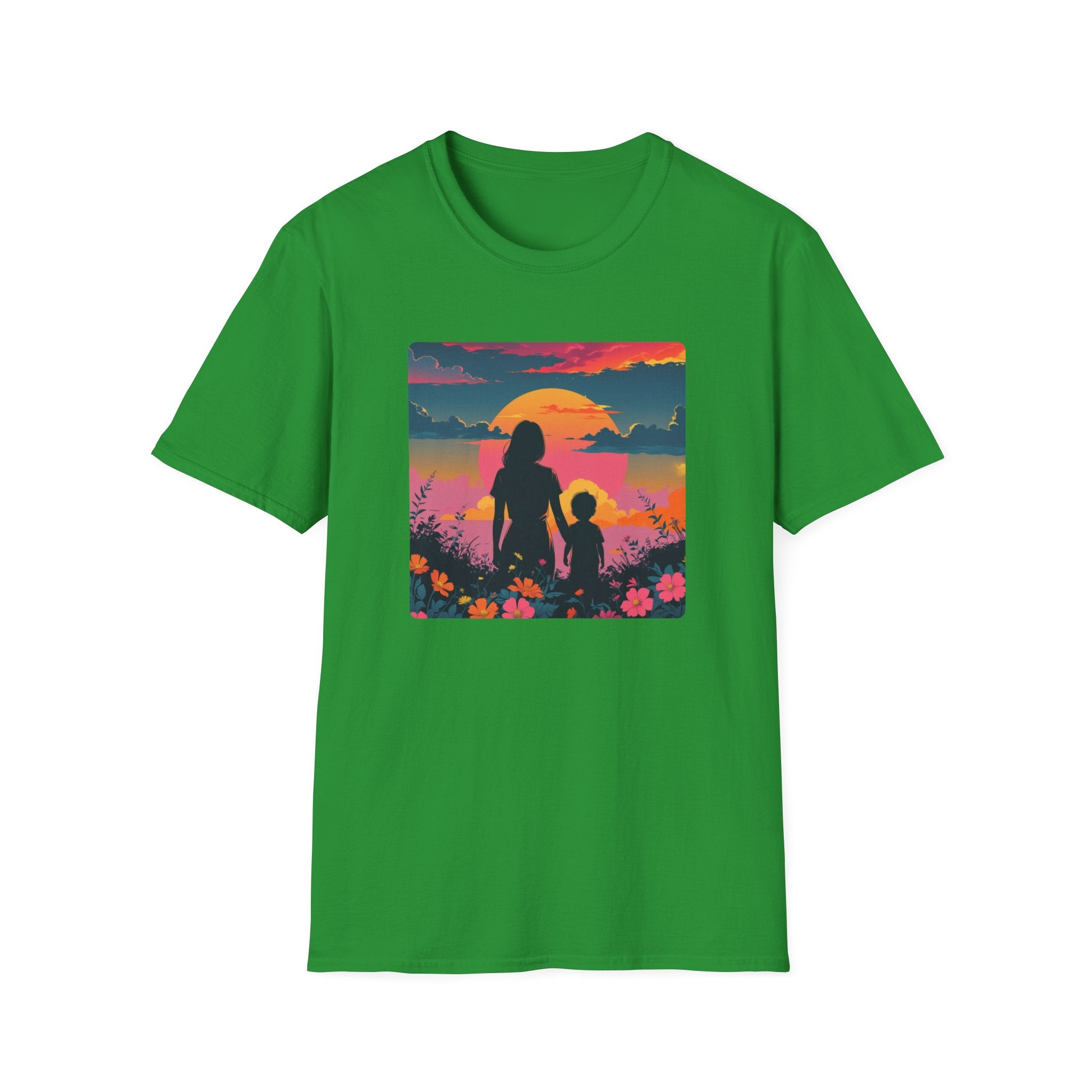 Mum And Child Among The Flowers Watch A Sunset