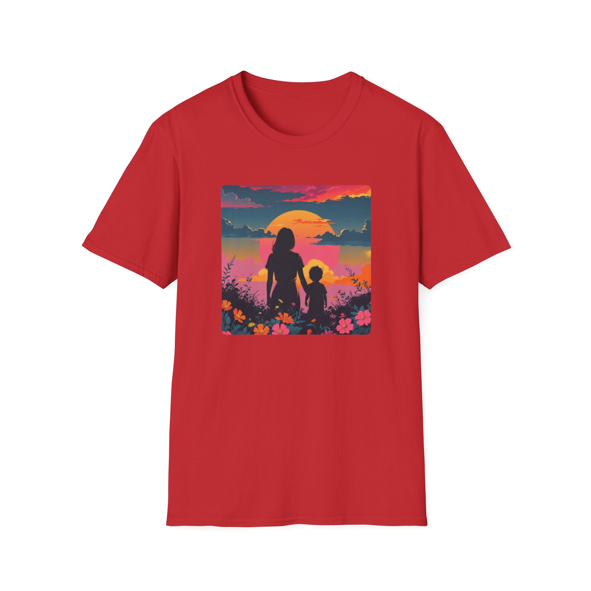 Mum And Child Among The Flowers Watch A Sunset