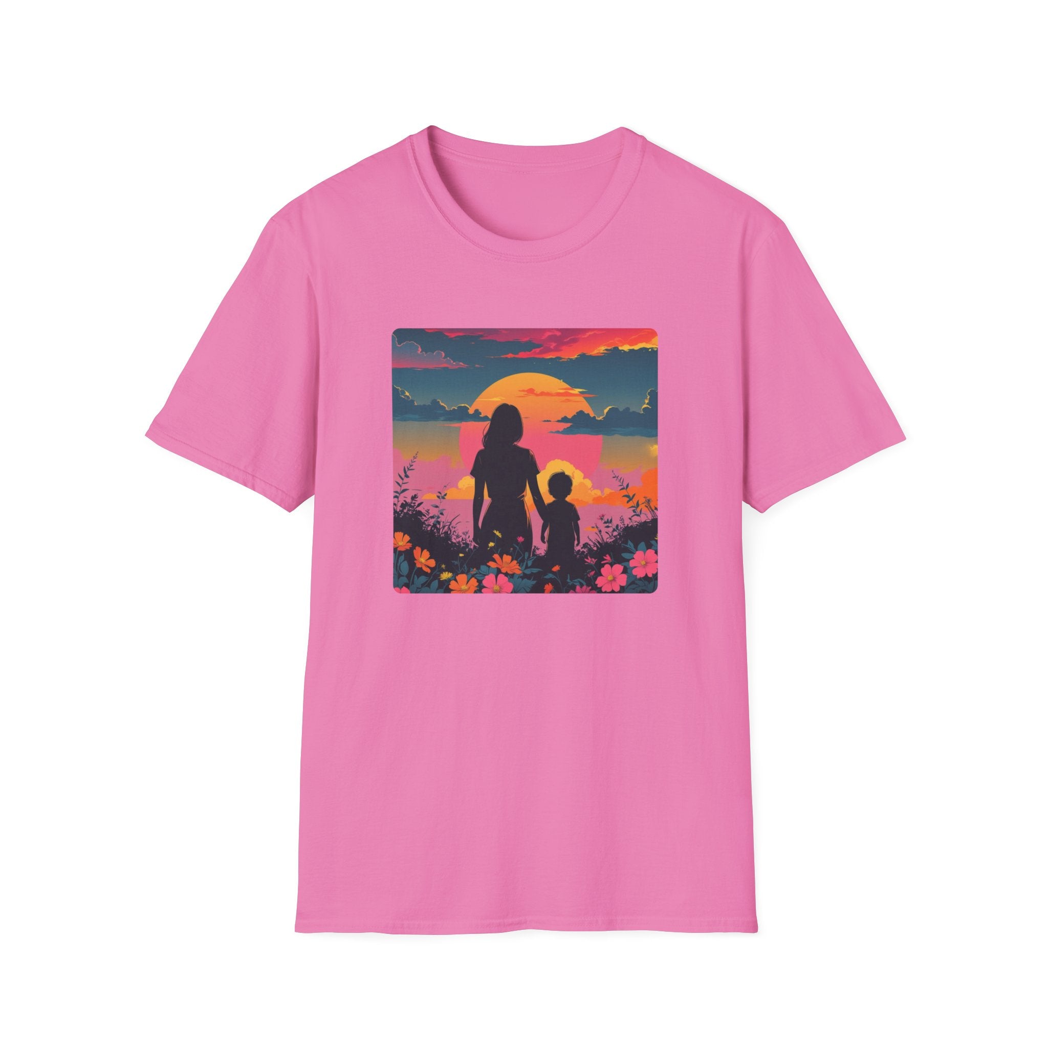 Mum And Child Among The Flowers Watch A Sunset