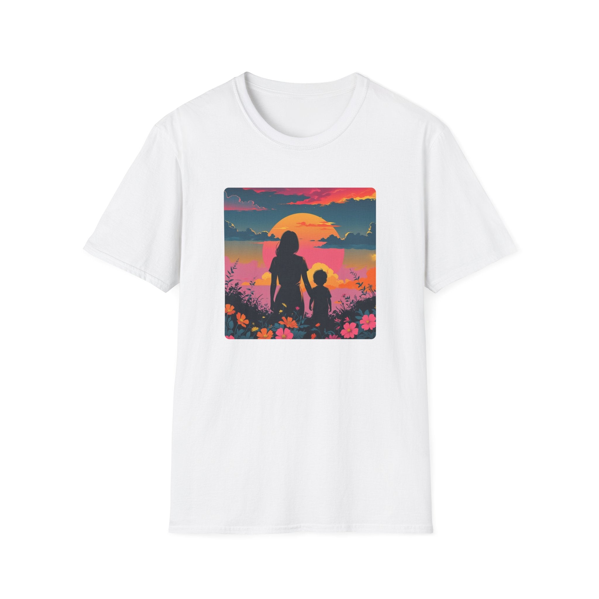 Mum And Child Among The Flowers Watch A Sunset