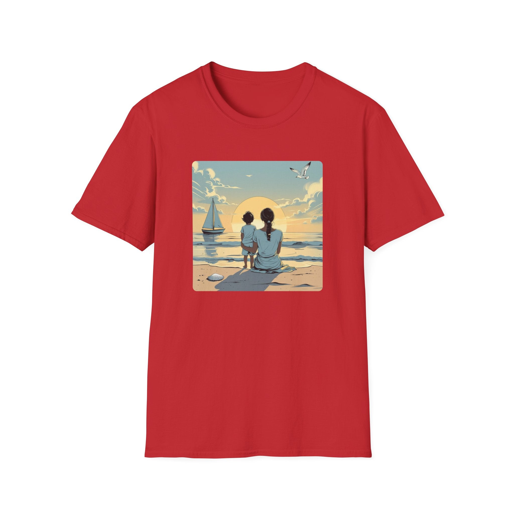 Mother And Child Watch A Yacht At Sunrise