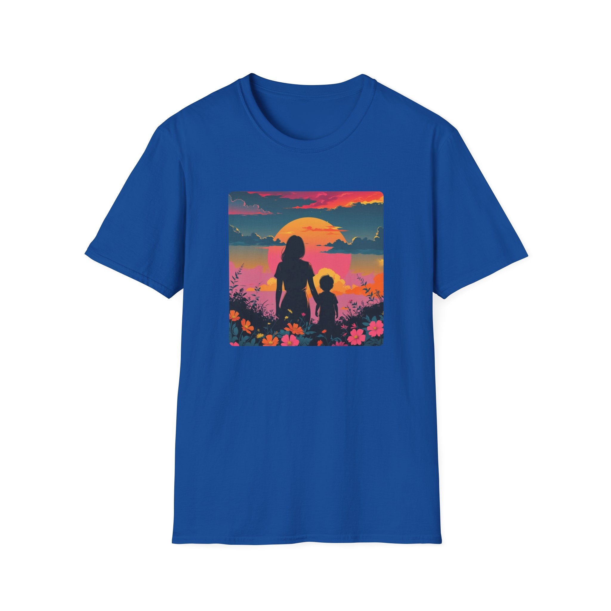 Mum And Child Among The Flowers Watch A Sunset