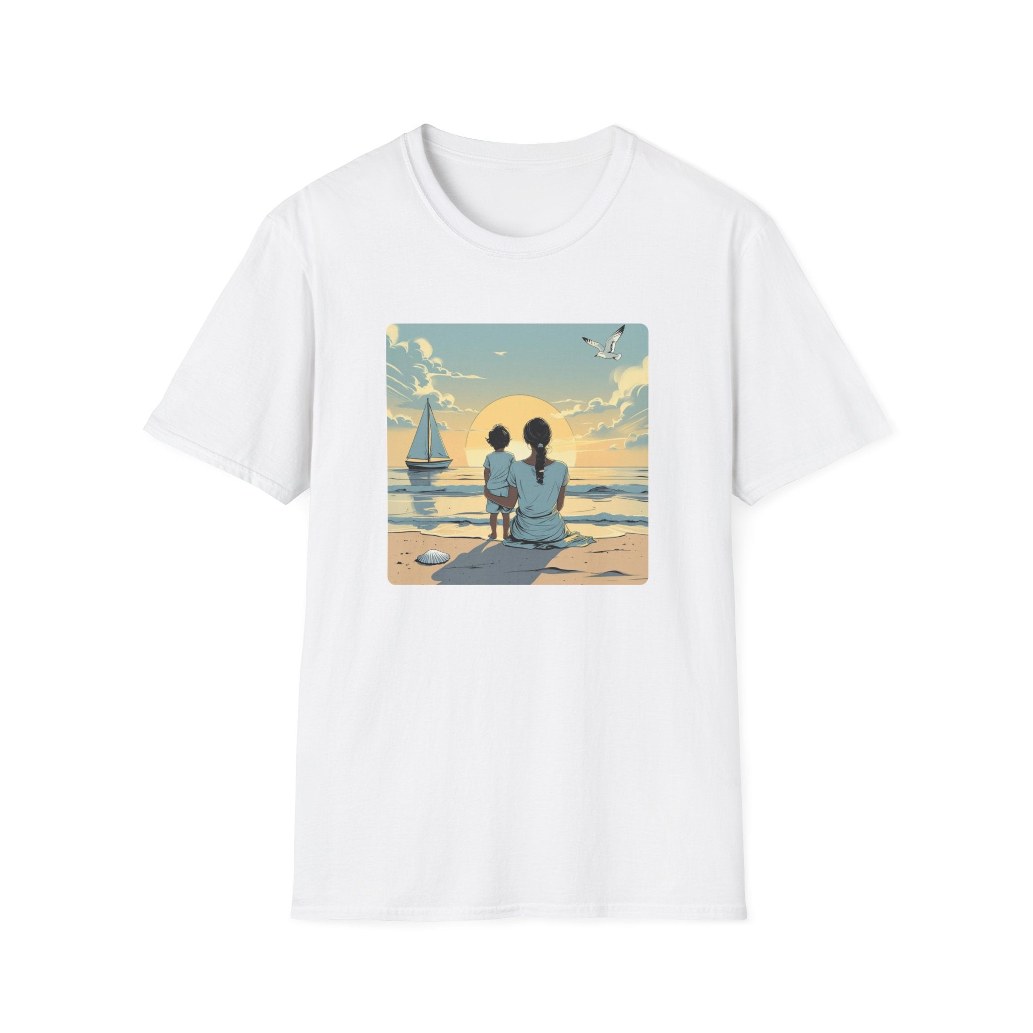 Mother And Child Watch A Yacht At Sunrise